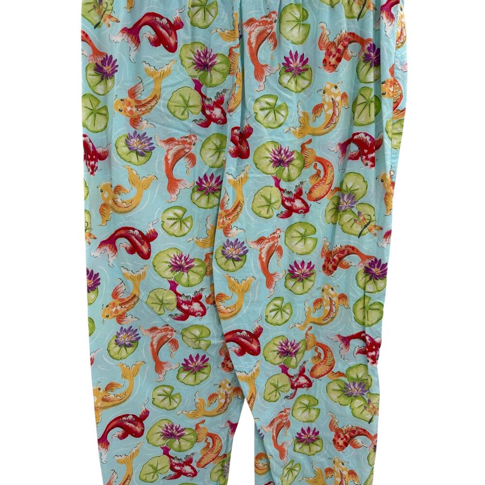 Nick & Nora Koi Fish Water Lily Pajama Lounge Pants Blue 100% Cotton Women's L - Picture 7 of 9